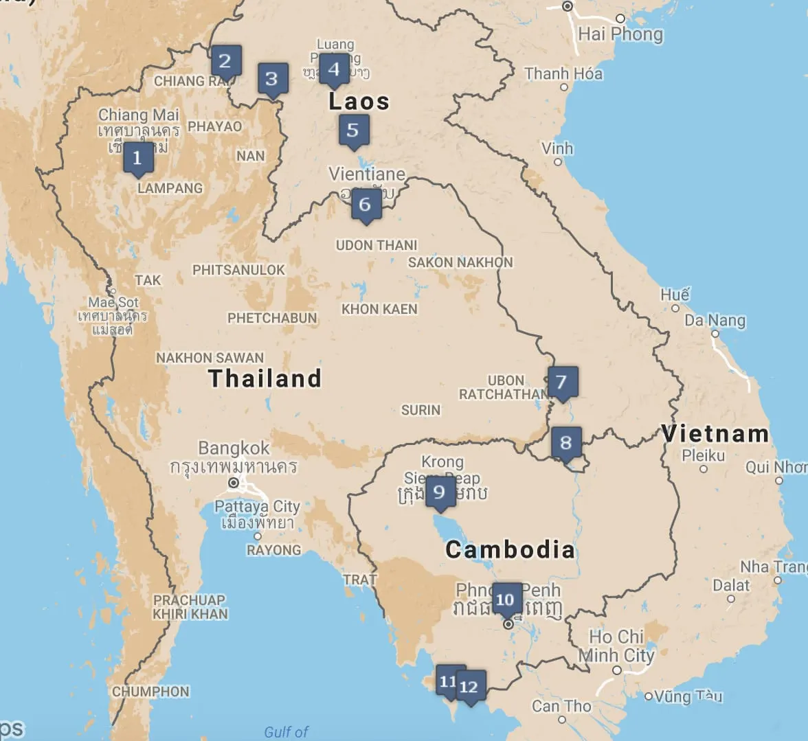 Map of a numbered route through Thailand, Laos and Cambodia.