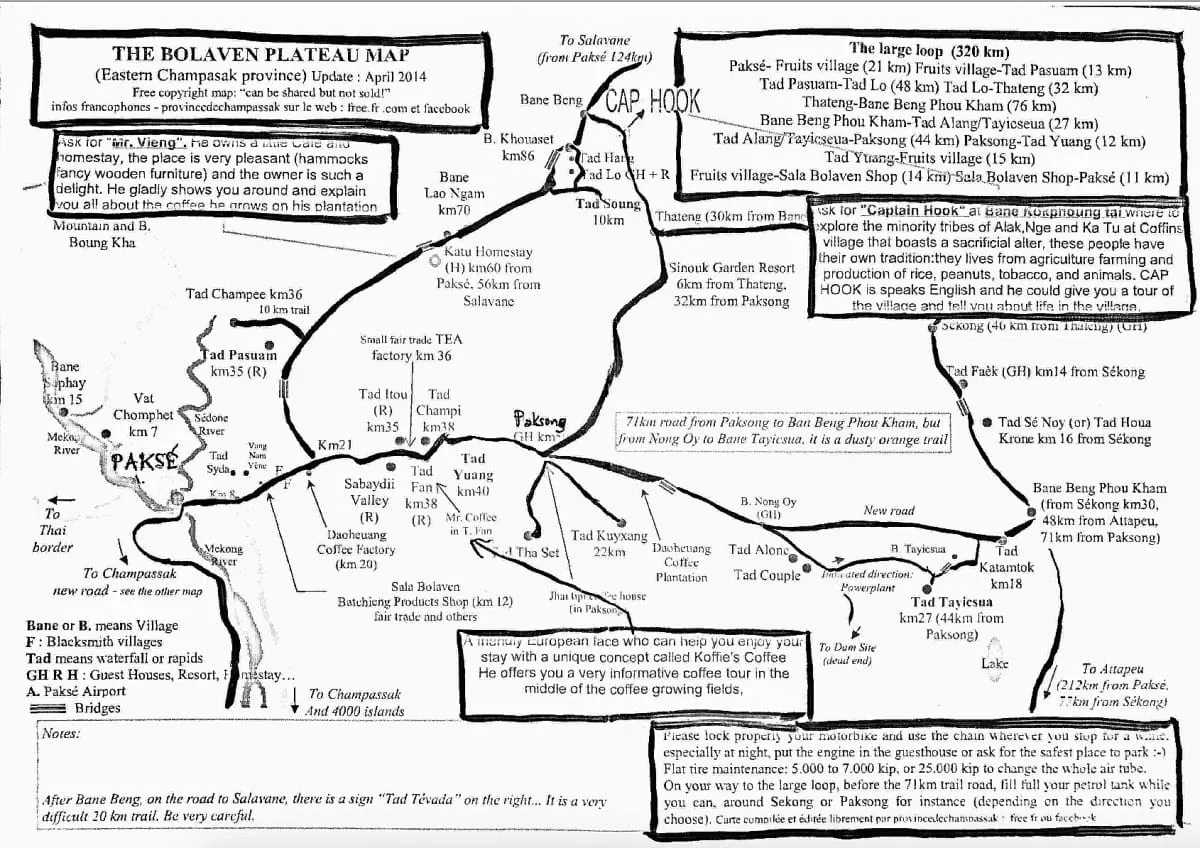 Hand-drawn map of the Bolaven Plateau loop with waterfalls, villages and kilometer markers