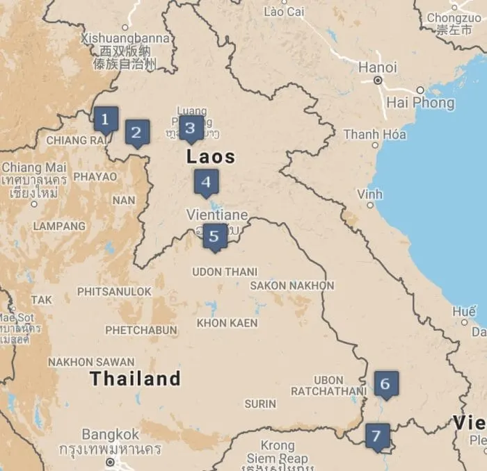 Map of Laos with seven numbered stops from north to south.