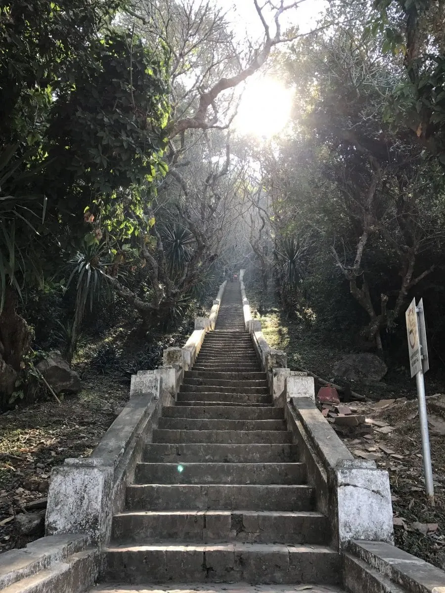 Steep stone stairway up Mount Phousi through sunlit trees, Luang Prabang