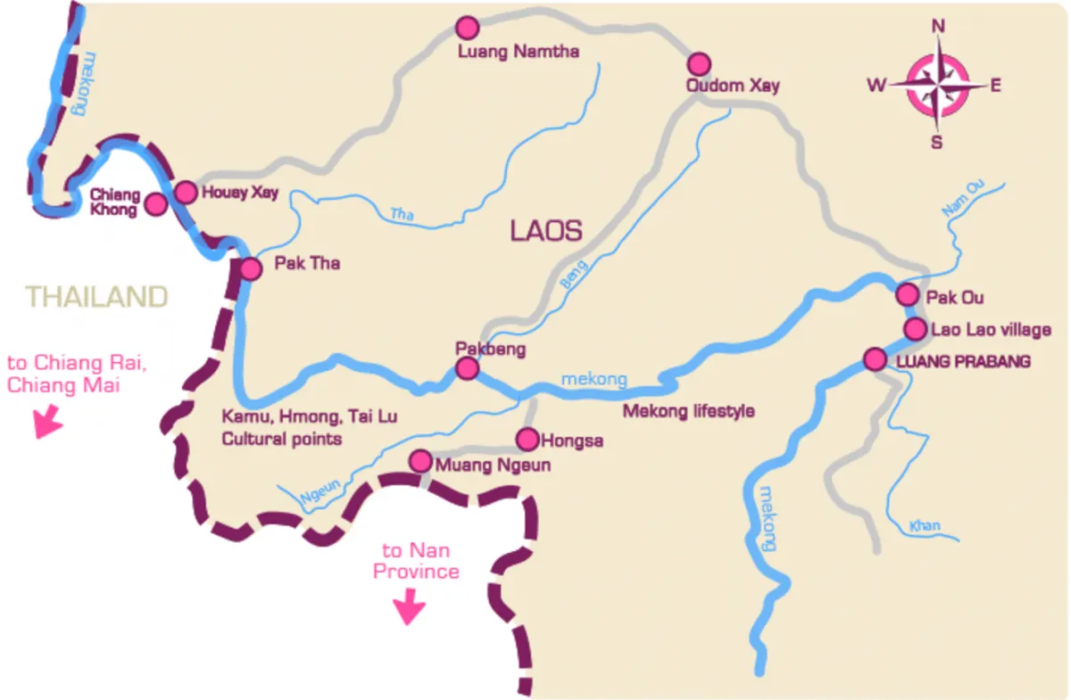 Map of the Mekong slow boat route from Houay Xay via Pakbeng to Luang Prabang