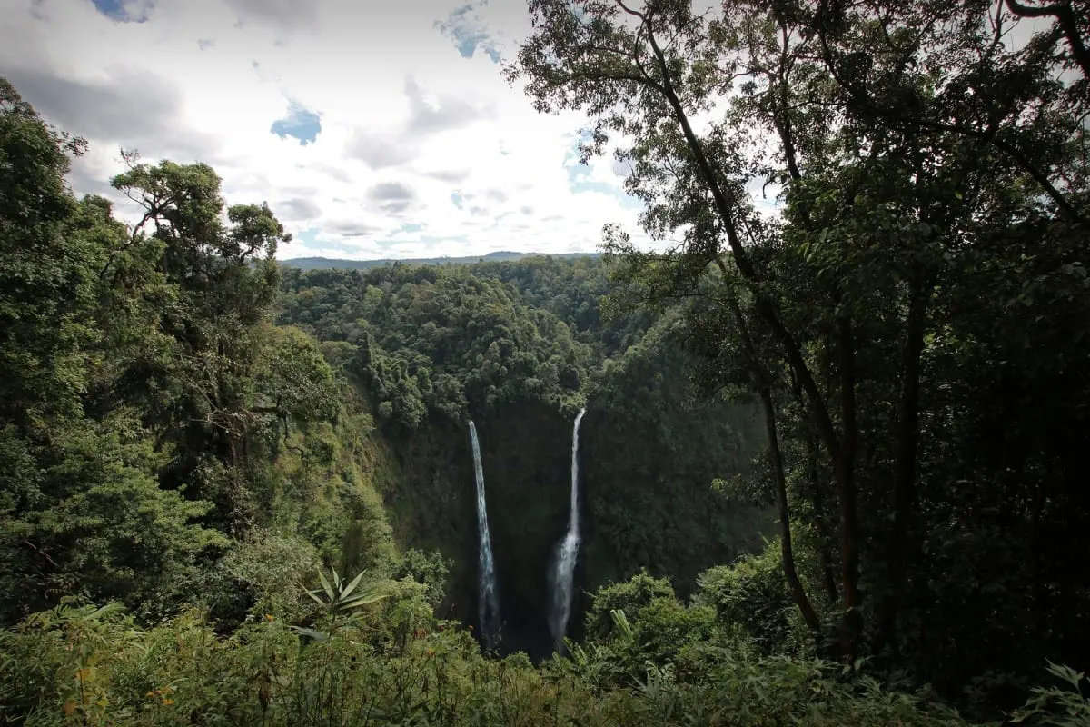 Twin falls of Tad Fane plunging into a jungle gorge, Bolaven Plateau