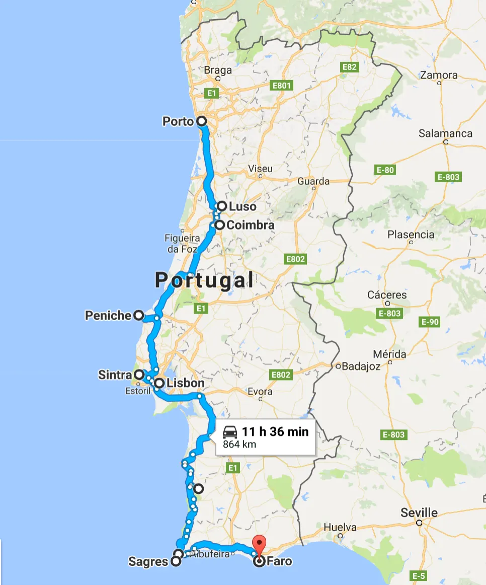Map of a Portugal driving route from Porto to Faro via Coimbra, Lisbon and Sagres