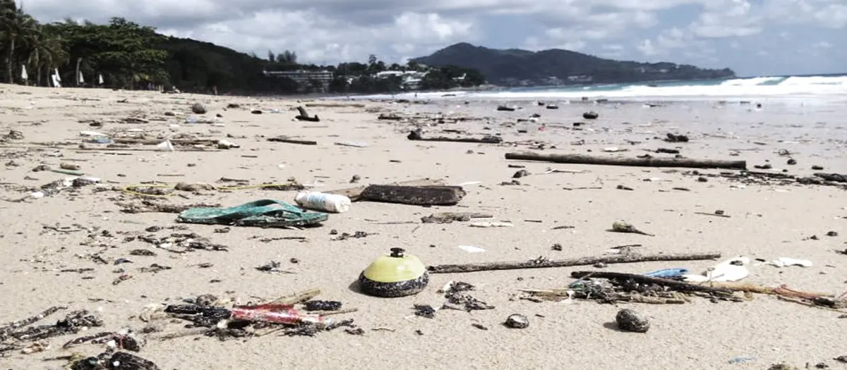 Plastic litter and driftwood strewn across a Phuket beach